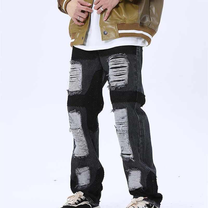 Mens Loose-fitting Casual Frayed Decorative Jeans