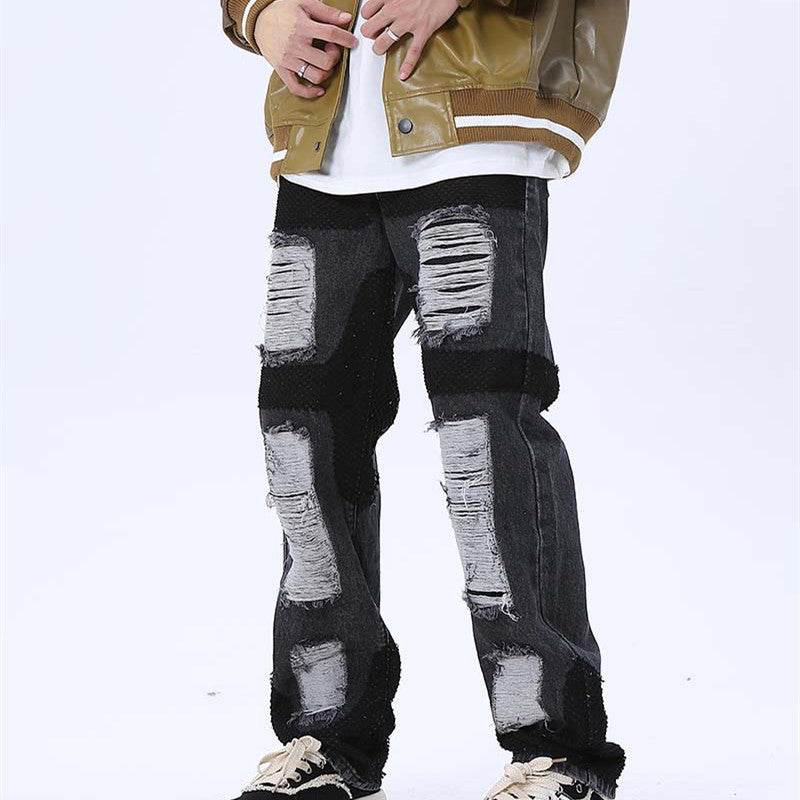 Mens Loose-fitting Casual Frayed Decorative Jeans - Mubimart