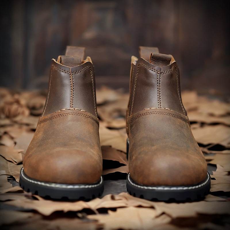 Men Leather Ankle Boots Round Toe Hiking Shoes - Mubimart