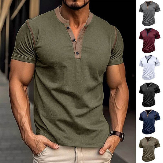 Fashion Short-sleeved Polo Shirt Summer Button V-neck T-shirt Tops Mens Clothing - Mubimart