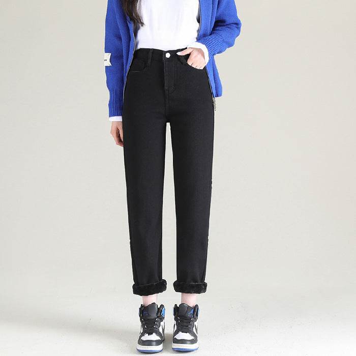 High Waist Thickened Fleece Padded Jeans Women Straight - Mubimart