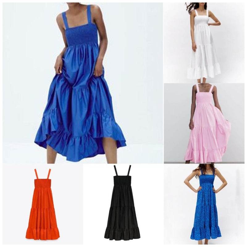 Ladies Poplin Midi Sling Dress - Mubimart