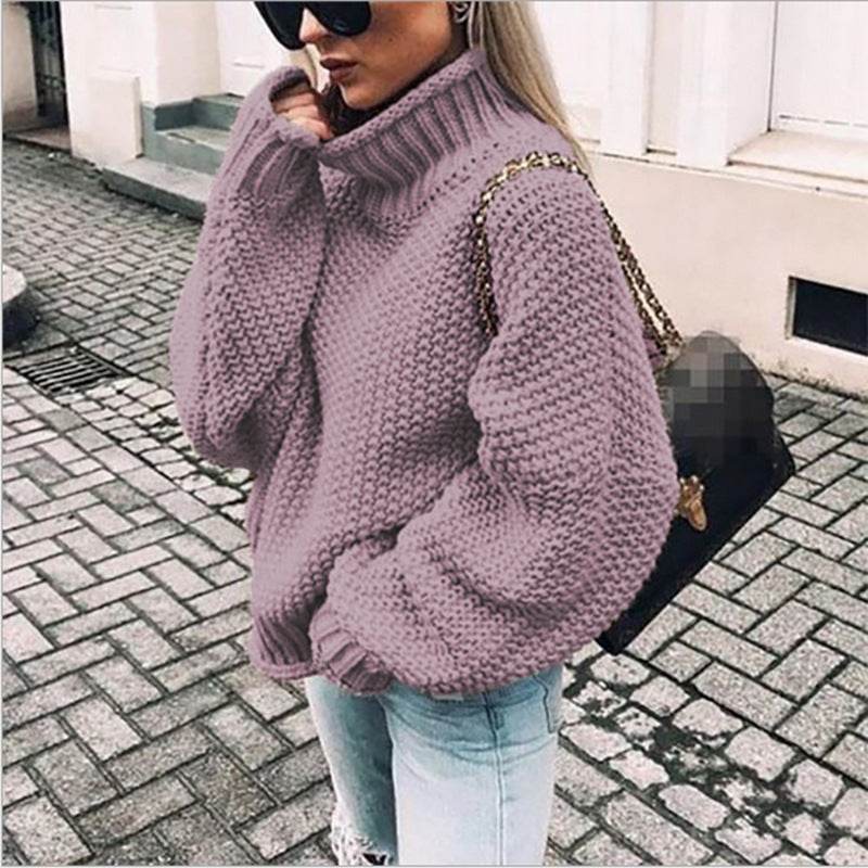 Women's Chunky Turtleneck Turtleneck Doll Sleeve Sweater - Mubimart
