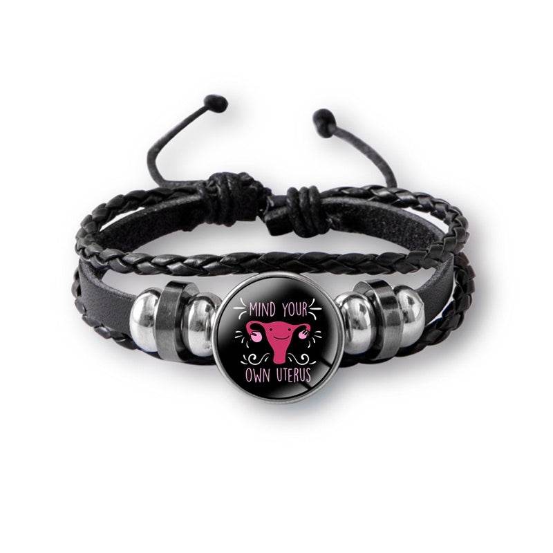 Mind Your Own Uterus Glass Snap Button Charm Bracelet Vintage Multi-layer Leather Bracelets For Women Men - Mubimart