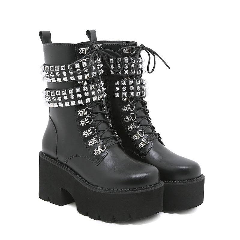 Gothic Style Fashion Rivet Mid-calf Boots For Women - Mubimart