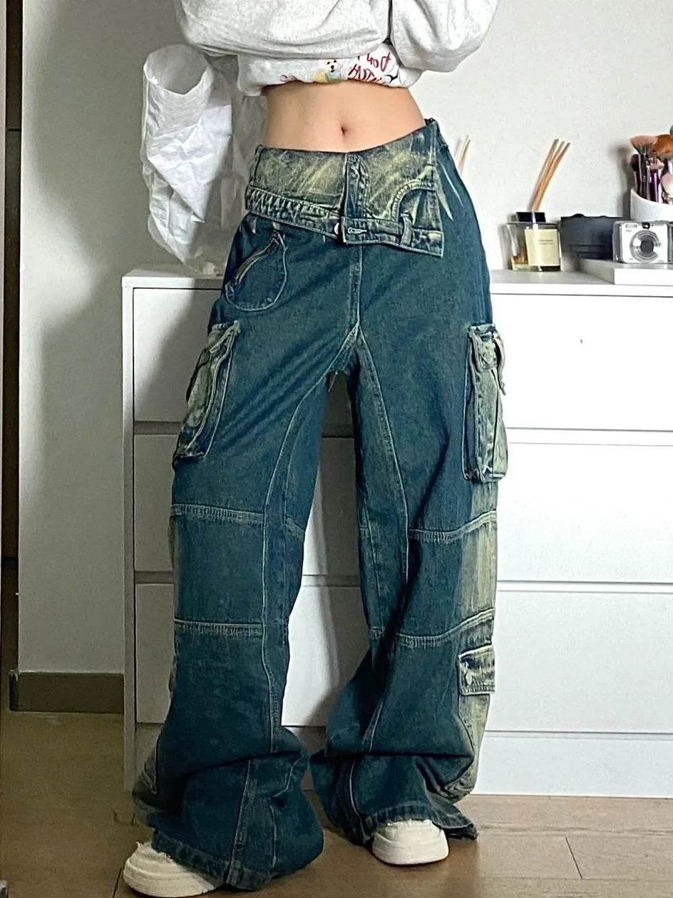 Plus Size Retro Washed Cargo Jeans Women - Mubimart