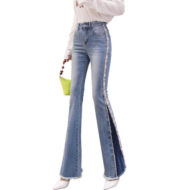 Embroidery Beaded Fashion Flared Pants High Waist Slimming Jeans Women - Mubimart