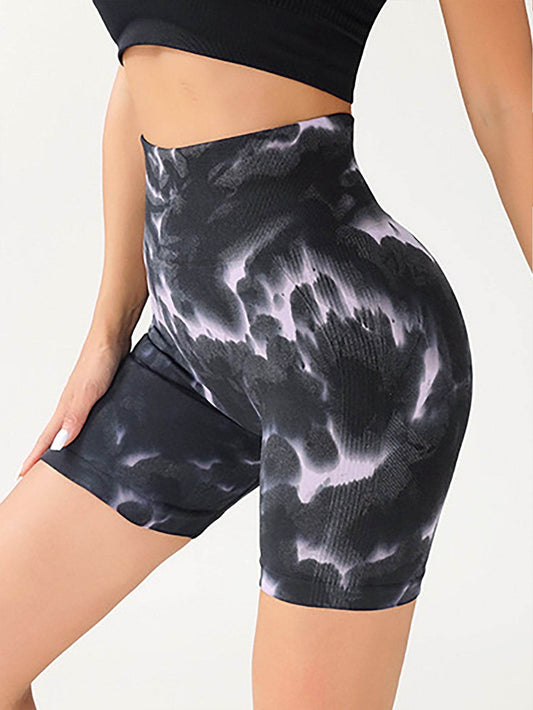 High Waist Tummy Control Yoga Shorts For Women, Tie-Dye Ruched Booty Lifting Workout Fitness Shorts, Hip Lifting Sports Activewear, Gym Exercise Running Shorts - Mubimart