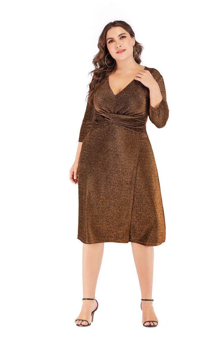 Plus Size V-neck 34 Sleeves High Waist Midi Skirt Bright Silk Party Dress - Mubimart