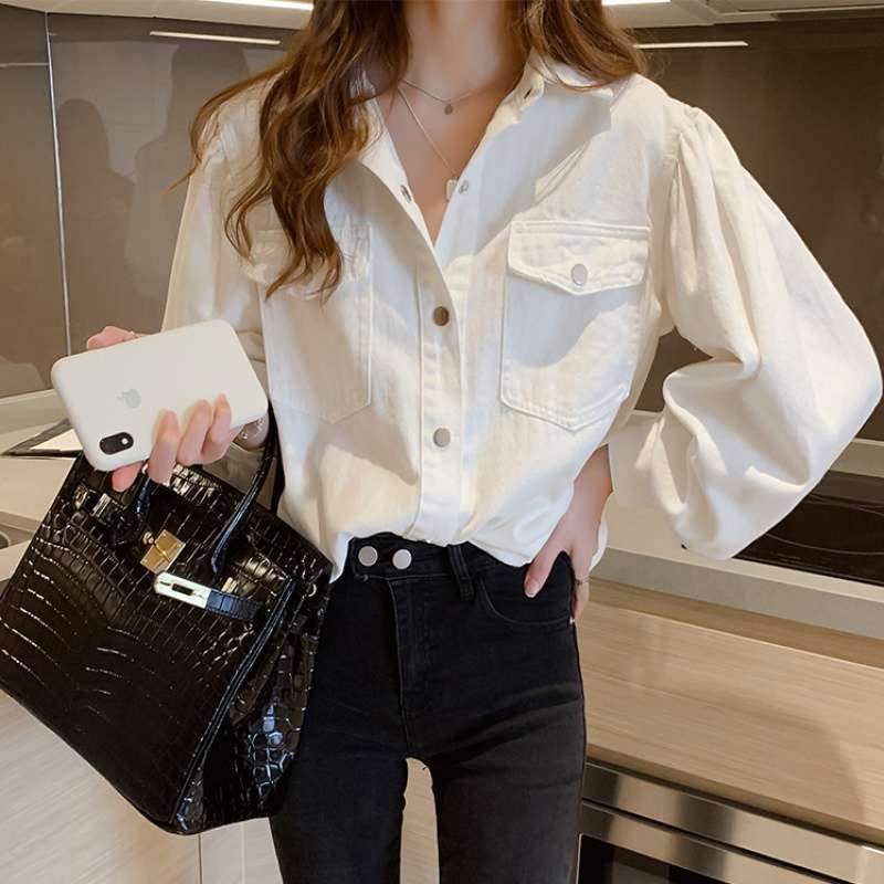 Blouses Shirts Women Spring Pockets Long Sleeve Fashion Solid Korean - Mubimart