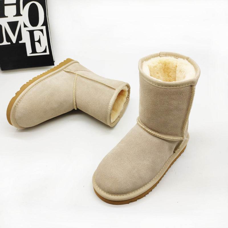 Women's Cowhide Genuine Leather Mid-calf Length Snow Boots - Mubimart
