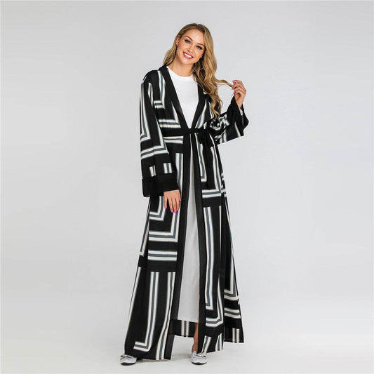 Striped Loose Lace Up Cardigan Robe Women - Mubimart