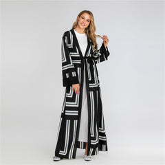 Striped Loose Lace Up Cardigan Robe Women - Mubimart - Robe 