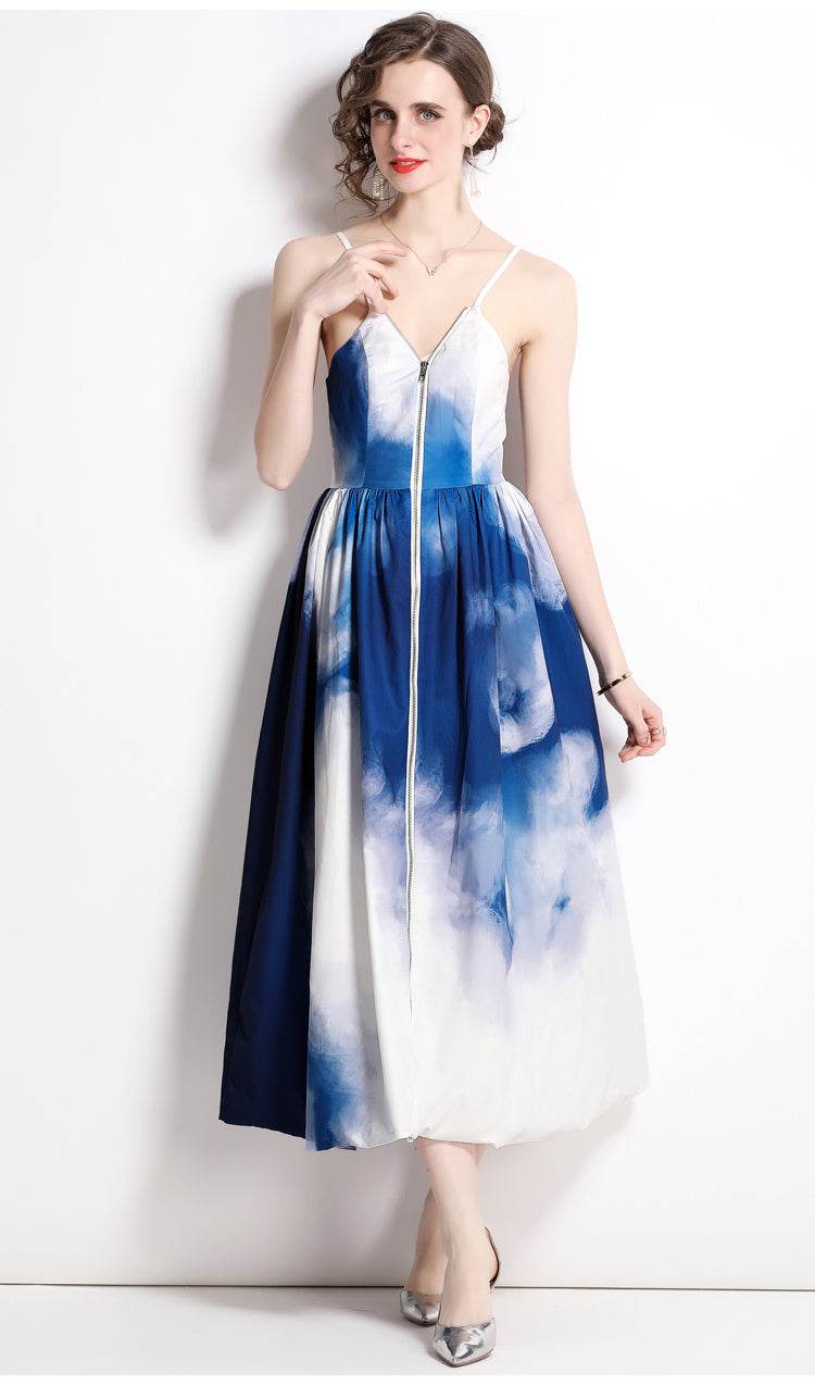 Tie Dye Printed Waist Dress Slip Dress - Mubimart