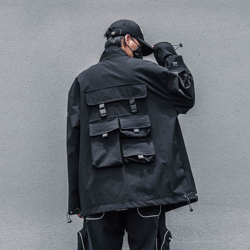 Mens Hooded Dark Functional Wind Letter Reflective Top Coat - Mubimart