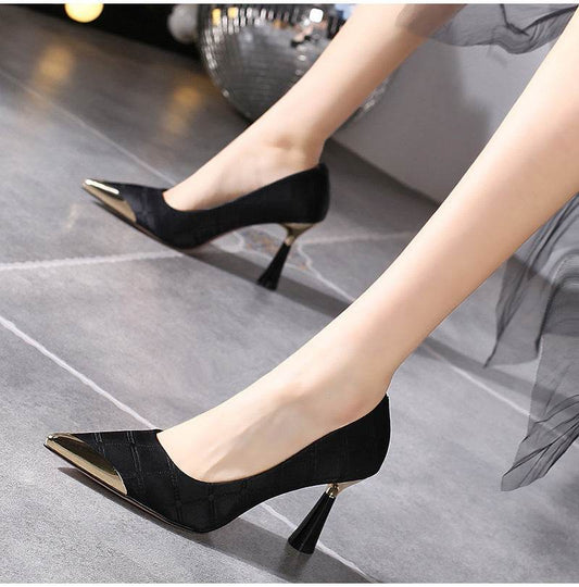 Wine Glass Heel Pumps Metal Pointed Toe Pumps - Mubimart