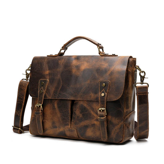 Leather Portable Mens Briefcase Satchel - Mubimart