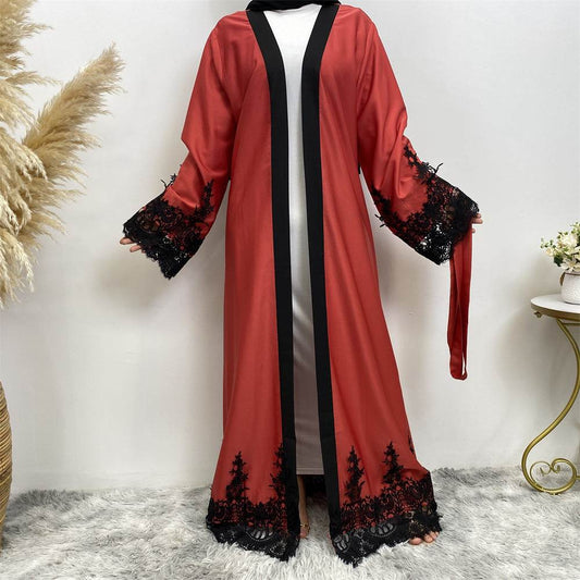 Muslim Fashion Lace Patchwork Loose Cardigan Robe For Women - Mubimart