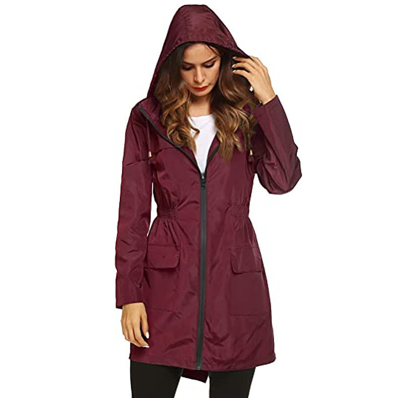 Women's Waist Hooded Raincoat Raincoat Mid-length Trench Coat