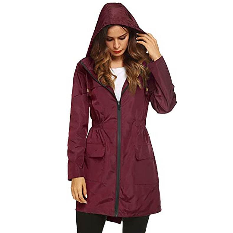 Women's Waist Hooded Raincoat Raincoat Mid-length Trench Coat - Mubimart