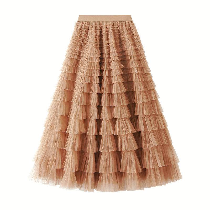 A-Line Mesh Ruffle Skirt Women's Temperament Sweet Long Skirt Slim Cupcake Dress Womens Clothing - Mubimart