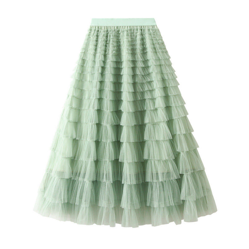 A-Line Mesh Ruffle Skirt Women's Temperament Sweet Long Skirt Slim Cupcake Dress Womens Clothing - Mubimart -  