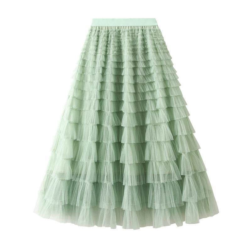 A-Line Mesh Ruffle Skirt Women's Temperament Sweet Long Skirt Slim Cupcake Dress Womens Clothing - Mubimart