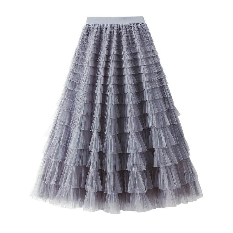 A-Line Mesh Ruffle Skirt Women's Temperament Sweet Long Skirt Slim Cupcake Dress Womens Clothing - Mubimart