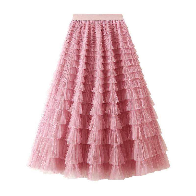A-Line Mesh Ruffle Skirt Women's Temperament Sweet Long Skirt Slim Cupcake Dress Womens Clothing - Mubimart