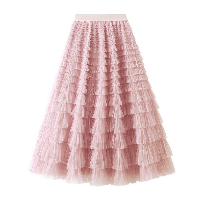 A-Line Mesh Ruffle Skirt Women's Temperament Sweet Long Skirt Slim Cupcake Dress Womens Clothing - Mubimart