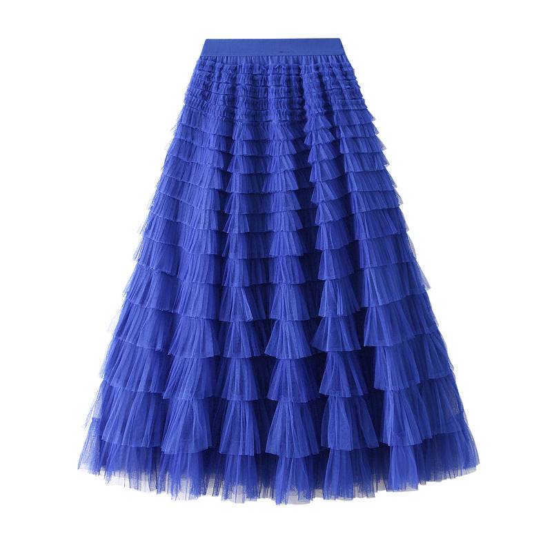 A-Line Mesh Ruffle Skirt Women's Temperament Sweet Long Skirt Slim Cupcake Dress Womens Clothing - Mubimart