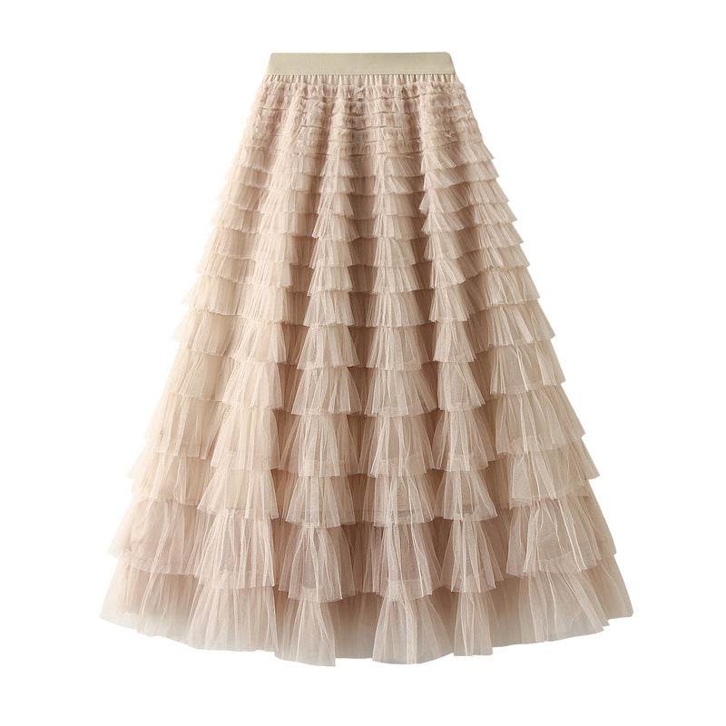 A-Line Mesh Ruffle Skirt Women's Temperament Sweet Long Skirt Slim Cupcake Dress Womens Clothing - Mubimart