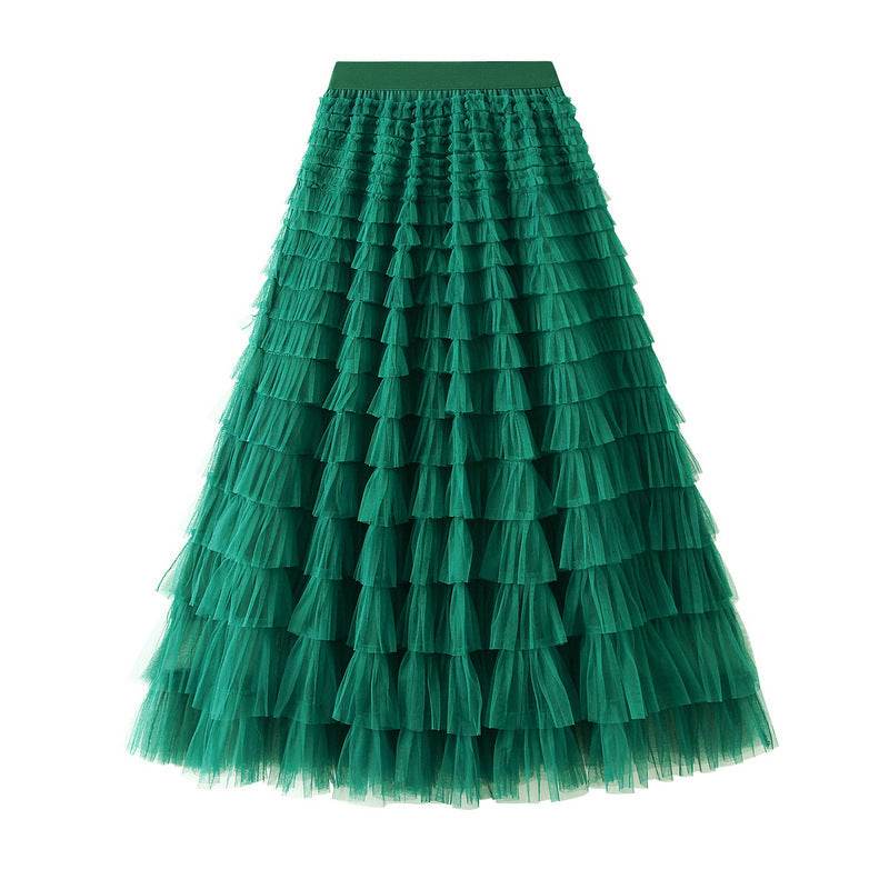 A-Line Mesh Ruffle Skirt Women's Temperament Sweet Long Skirt Slim Cupcake Dress Womens Clothing - Mubimart