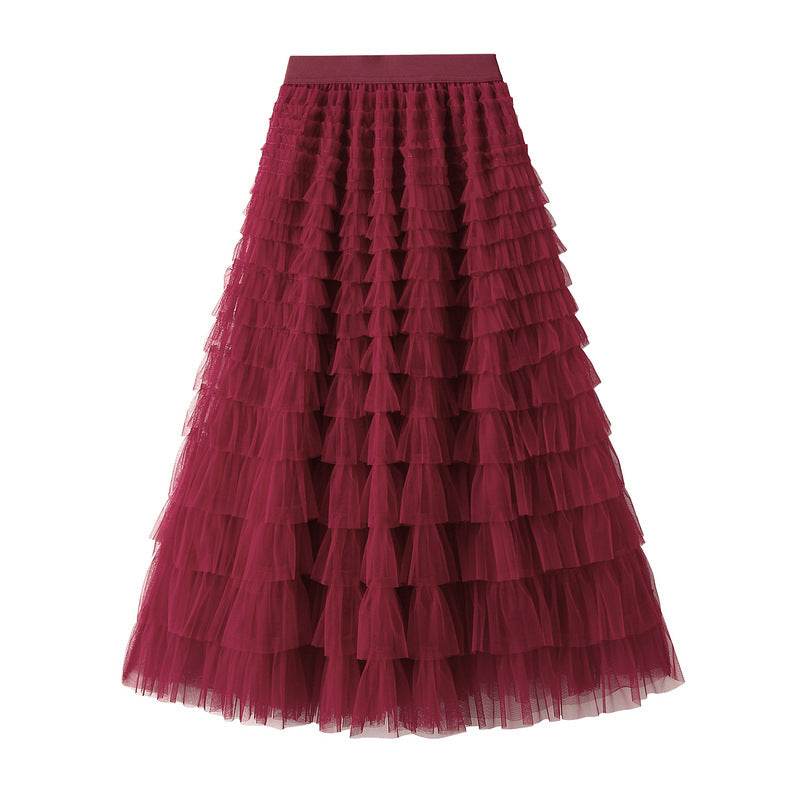 A-Line Mesh Ruffle Skirt Women's Temperament Sweet Long Skirt Slim Cupcake Dress Womens Clothing - Mubimart