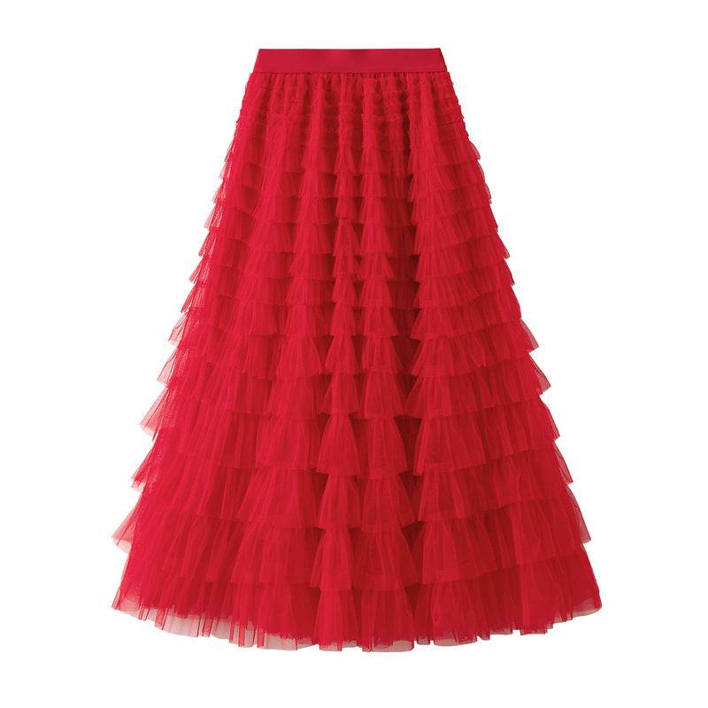 A-Line Mesh Ruffle Skirt Women's Temperament Sweet Long Skirt Slim Cupcake Dress Womens Clothing - Mubimart