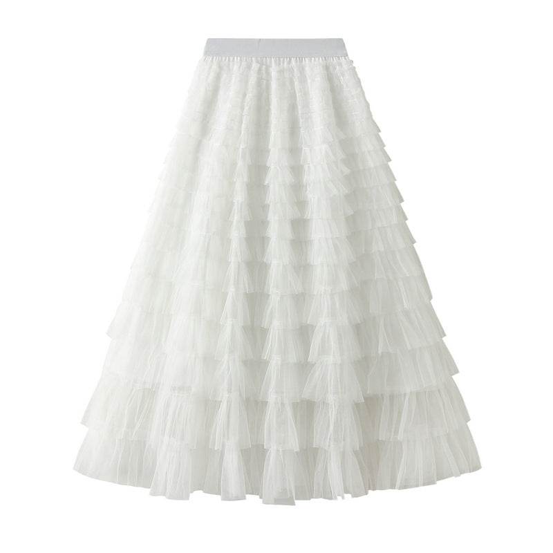 A-Line Mesh Ruffle Skirt Women's Temperament Sweet Long Skirt Slim Cupcake Dress Womens Clothing - Mubimart