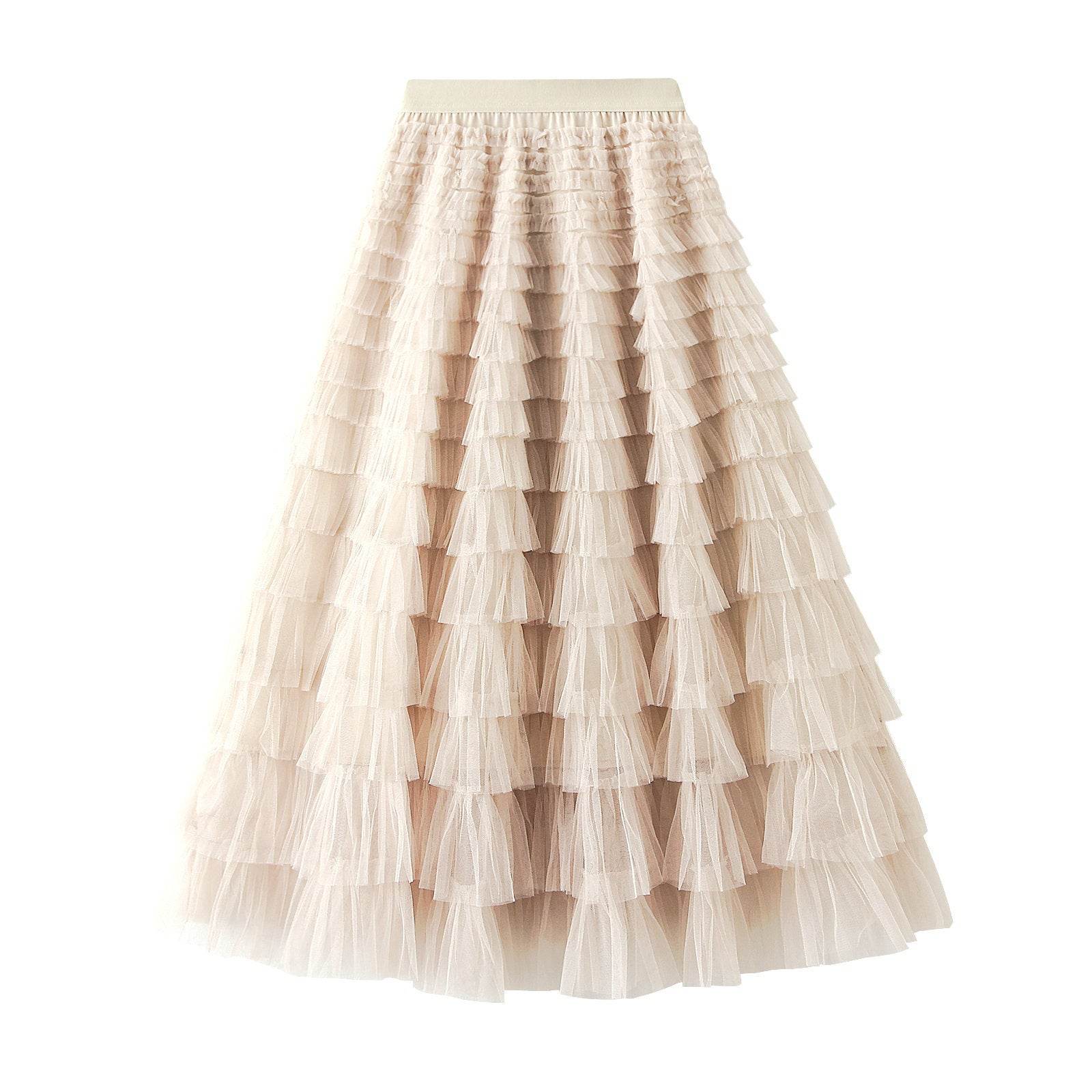 A-Line Mesh Ruffle Skirt Women's Temperament Sweet Long Skirt Slim Cupcake Dress Womens Clothing - Mubimart