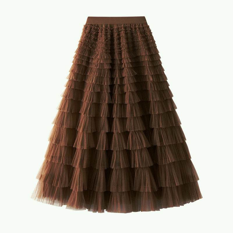 A-Line Mesh Ruffle Skirt Women's Temperament Sweet Long Skirt Slim Cupcake Dress Womens Clothing - Mubimart