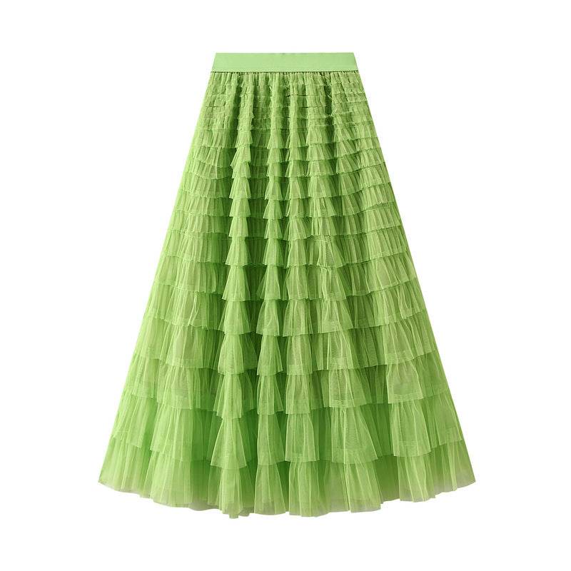 A-Line Mesh Ruffle Skirt Women's Temperament Sweet Long Skirt Slim Cupcake Dress Womens Clothing - Mubimart