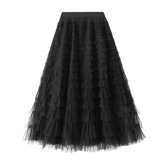 A-Line Mesh Ruffle Skirt Women's Temperament Sweet Long Skirt Slim Cupcake Dress Womens Clothing - Mubimart