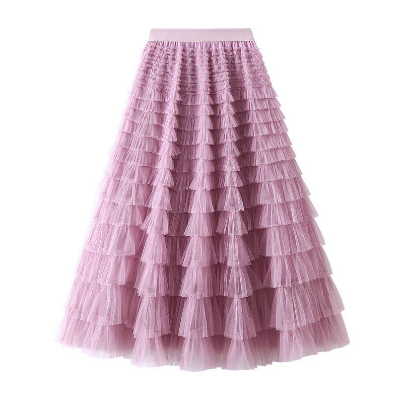 A-Line Mesh Ruffle Skirt Women's Temperament Sweet Long Skirt Slim Cupcake Dress Womens Clothing - Mubimart