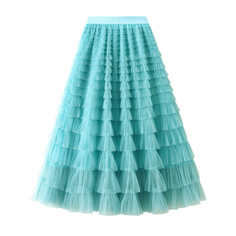 A-Line Mesh Ruffle Skirt Women's Temperament Sweet Long Skirt Slim Cupcake Dress Womens Clothing - Mubimart -  