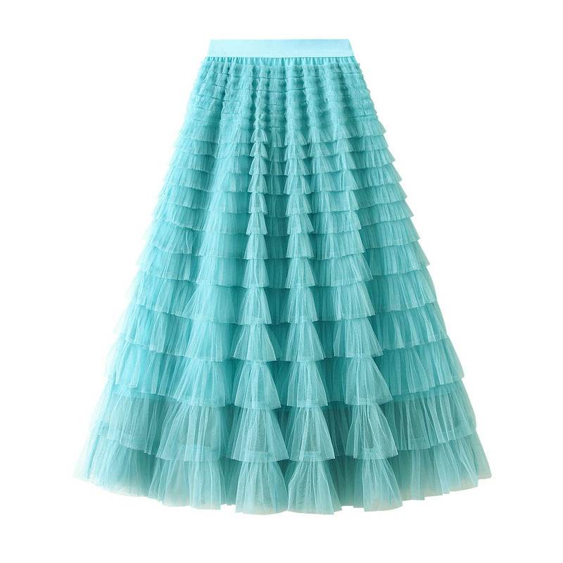 A-Line Mesh Ruffle Skirt Women's Temperament Sweet Long Skirt Slim Cupcake Dress Womens Clothing - Mubimart