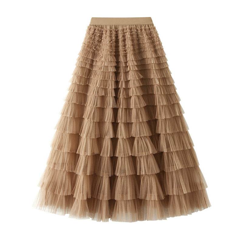 A-Line Mesh Ruffle Skirt Women's Temperament Sweet Long Skirt Slim Cupcake Dress Womens Clothing - Mubimart