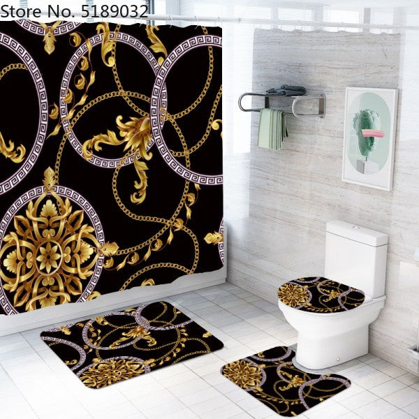 A Set Of 4 Hollow-Shaped Shower Curtains With Bath Mats Toilet Lids, Waterproof Floor Mats Retro Style Shower Curtains - Mubimart -  