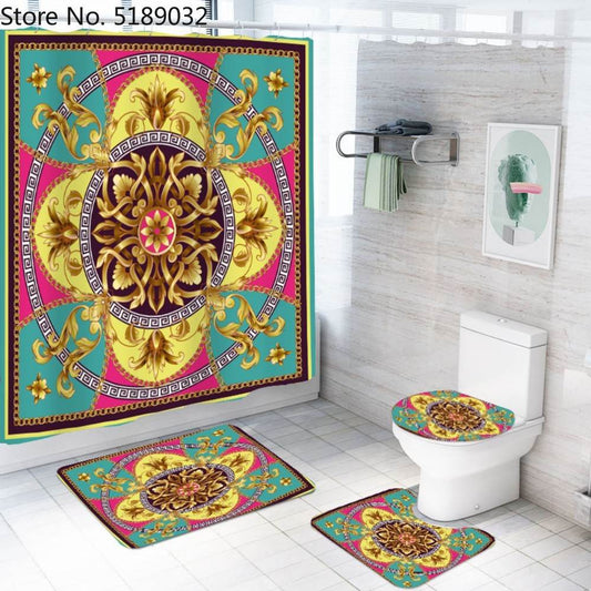 A Set Of 4 Hollow-Shaped Shower Curtains With Bath Mats Toilet Lids, Waterproof Floor Mats Retro Style Shower Curtains - Mubimart