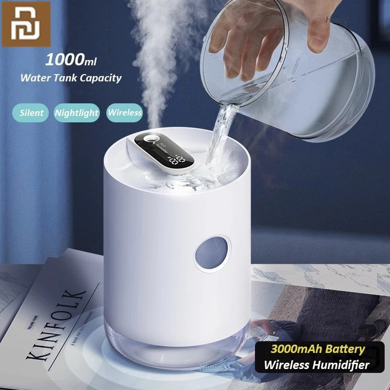 Air Humidifier 1L 3000mAh Portable Wireless USB Water Mist Diffuser Battery Life Show With LED Night Light - Mubimart - Mist Humidifiers 