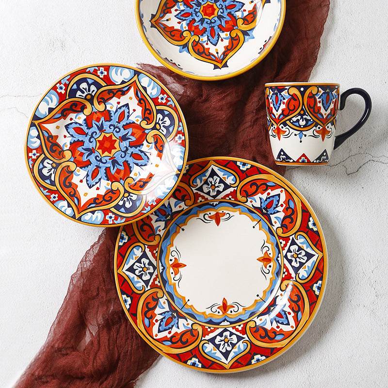American Plate Bowl Set Steak Plate Meal Plate Household Tableware Deep Plate Creative Hand-painted Fruit Plate Ceramic Plate - Mubimart