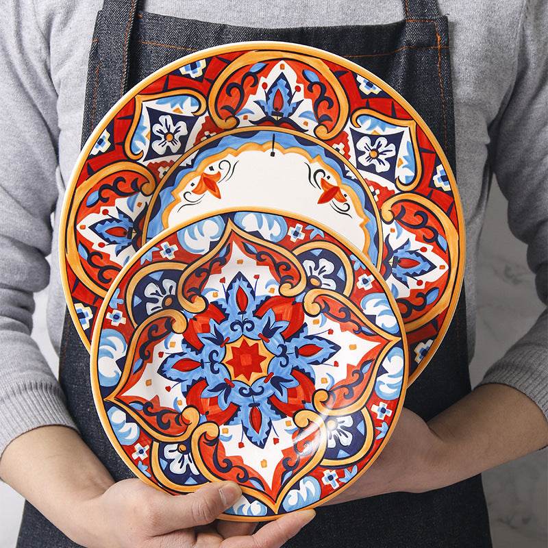 American Plate Bowl Set Steak Plate Meal Plate Household Tableware Deep Plate Creative Hand-painted Fruit Plate Ceramic Plate - Mubimart