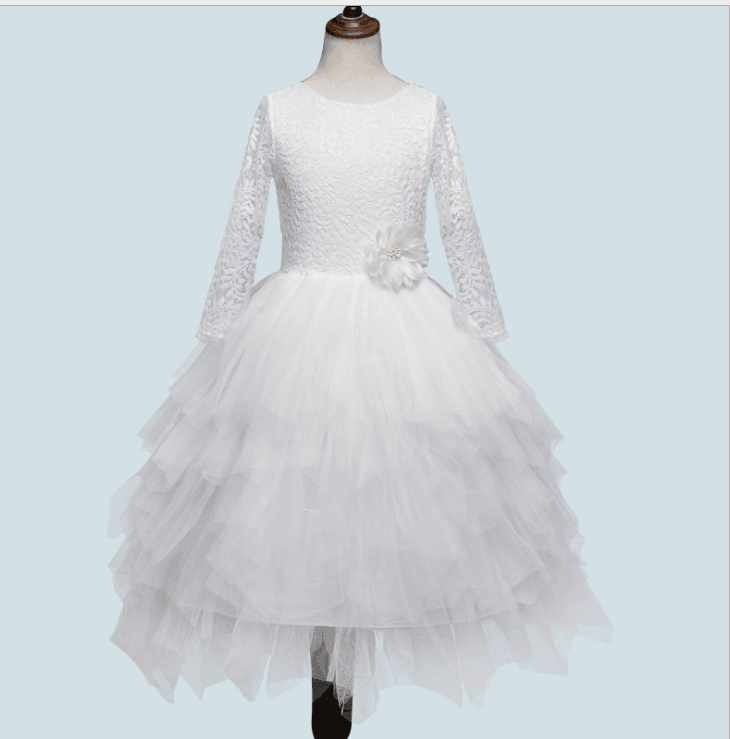 Autumn And Winter Explosions Hollow Children's Skirt Lace Long-sleeved Girls White Princess Dress Irregular Dress - Mubimart